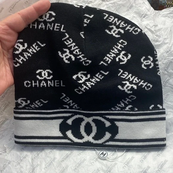CHANEL Monogram Black and White Knit Hat
